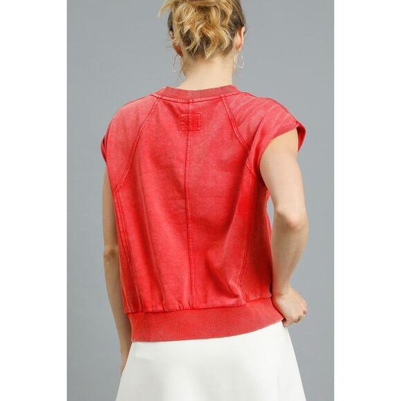 Umgee Round Neck Raglan Sleeves Vibrant Coral Relaxed Casual Ribbed Sweatshirt - Picture 2 of 4